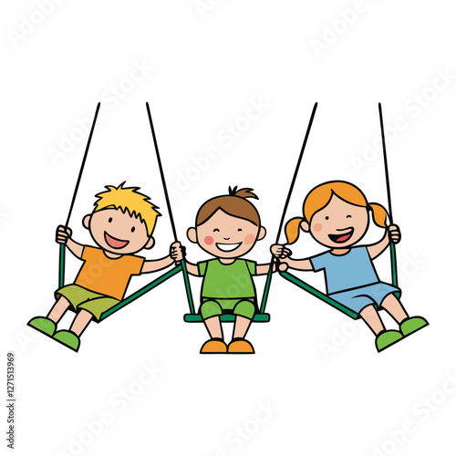 Children laugh and play on outdoor swings at a summer school, enjoying the warm breeze and sunshine. Their joyful energy fills the air as they soar high with excitement.