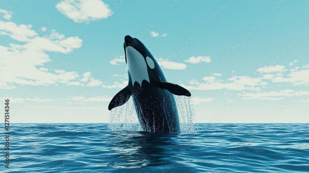 Fototapeta premium Killer Whale Leaping Joyfully Breaching Ocean Surface with Water Droplets in Close-Up Under Blue Sky