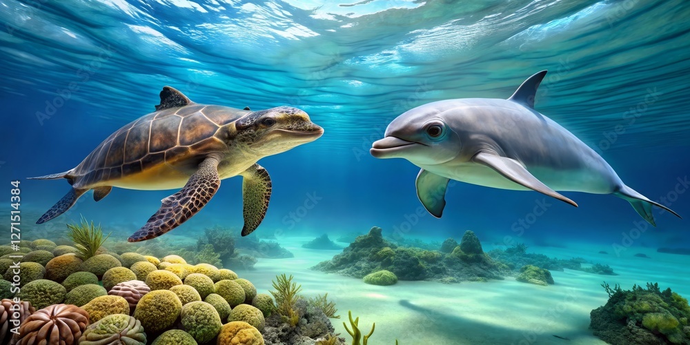 Fototapeta premium Oceanic Encounter A Sea Turtle and Dolphin's Underwater Rendezvous in a Vibrant Coral Reef Habitat