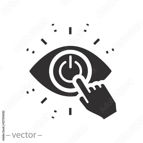 startup business consept, hand click power eye button icon, check fever, strategy idea for invest in innovation, flat vector illustration