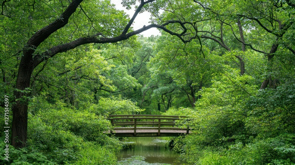 Wooden Bridge Over Water in Lush Green Forest Wooden Bridge Over Water in Lush Green Forest