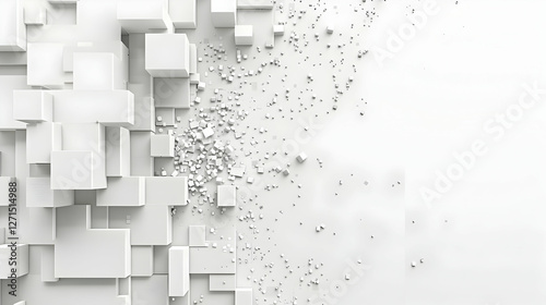 Abstract composition of white cubes breaking apart against a minimalist background