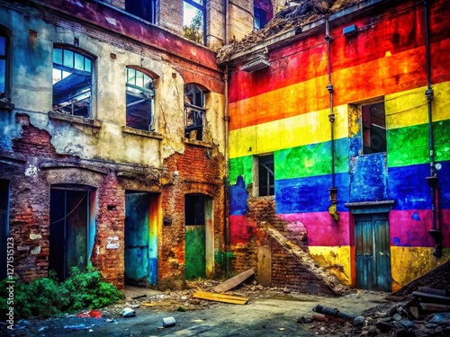 Abstract Rainbow Urban Exploration Background: Pride Flag Colors & Graffiti Textures