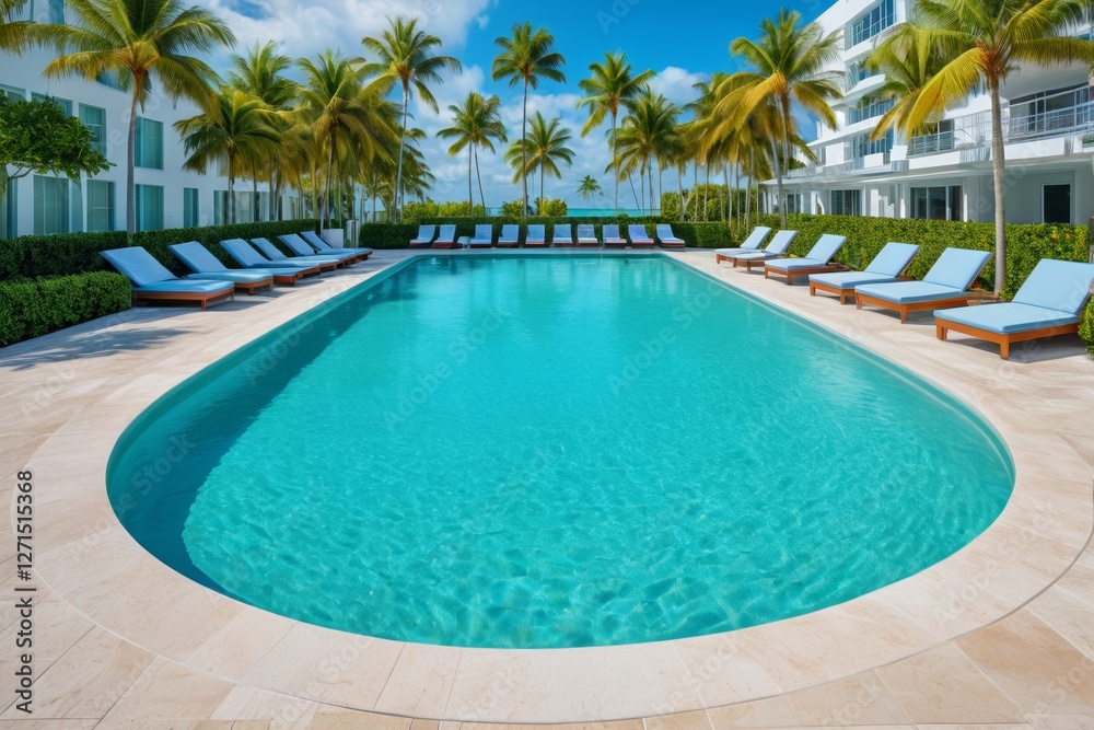 Fototapeta premium there is a pool with lounge chairs and palm trees in the background