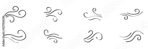 Hand drawn doodle wind motion set featuring swirls, air blow, and smoke flow elements. Abstract, sketch style lines perfect for illustrating movement or airflow. Isolated vector for versatile use. 