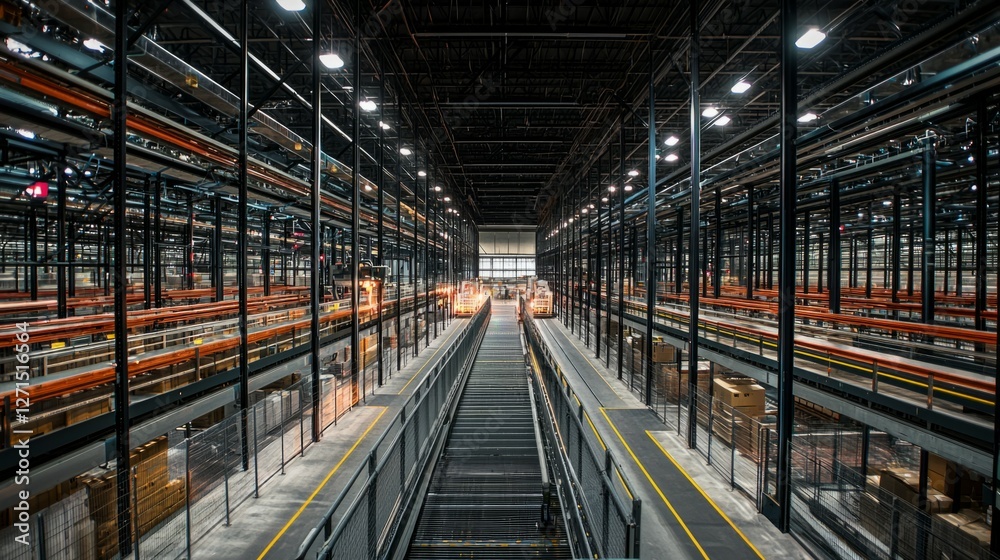 Fototapeta premium Modern Warehouse Interior with Shelving, Aisles, and Goods Storage