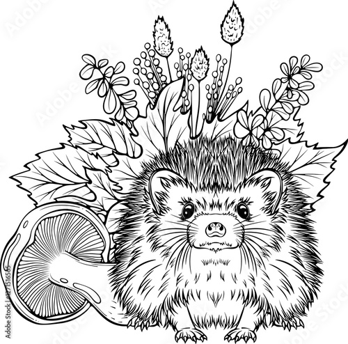Autumn composition hedgehog with autumn leaves and mushroom. Forest still life. Vector illustration in hand drawn sketch style. Line art isolated on white for coloring book, print