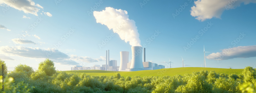 modern power plant with cooling towers emitting steam, surrounded by lush greenery and wind turbines under bright blue sky modern power plant with cooling towers emitting steam, surrounded by lush greenery and wind turbines under bright blue sky
