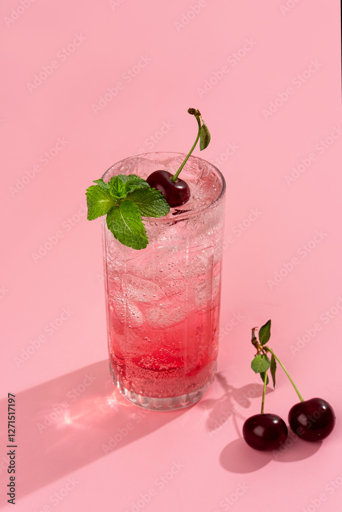 Fotografie Cold and refreshing pink cocktail with ice garnished with cherry and mint stands on pink background