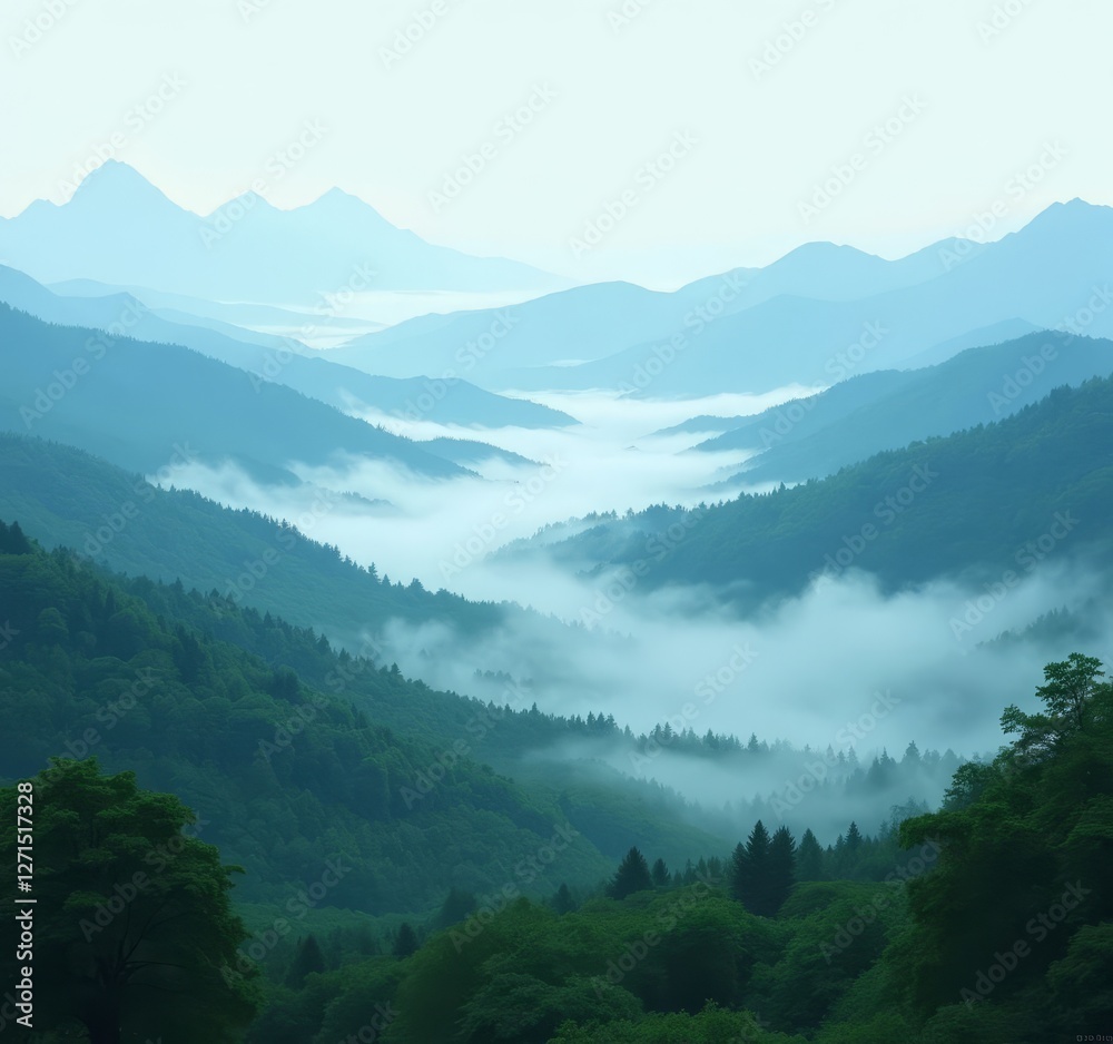 Misty Blue Mountain Valley with Green Forest Scenery Misty Blue Mountain Valley with Green Forest Scenery