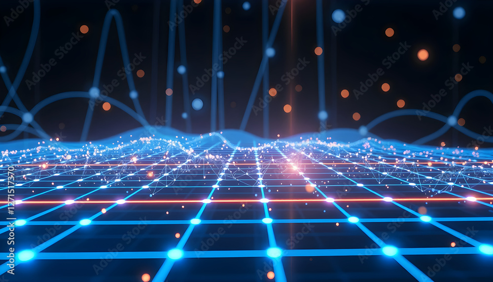 Obraz premium Digital grid with rising and falling blue lines connected by points of light, resembling data visualization or technology graphic