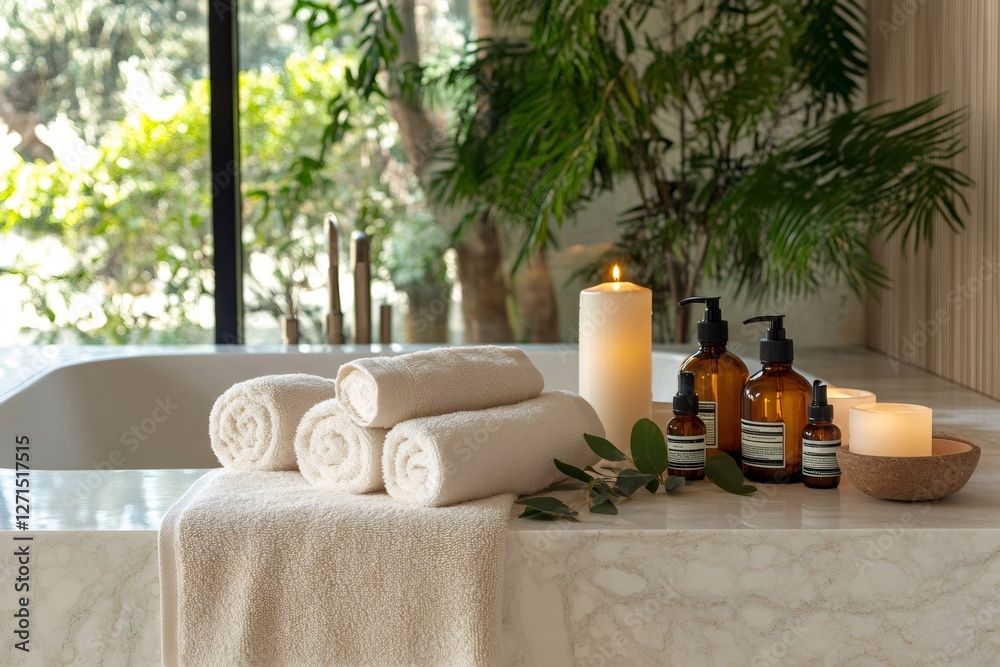 Towels, cosmetics, and candles creating relaxing spa ambiance in modern bathroom