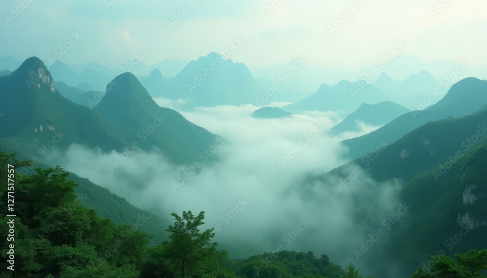Obraz premium Misty Green Mountains, Landscape With Clouds