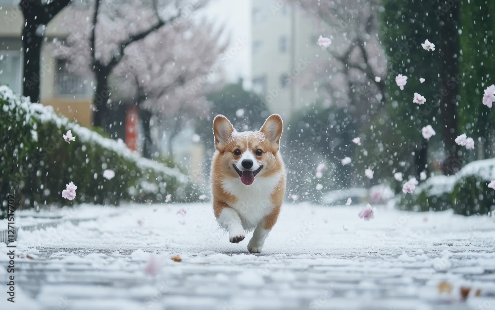 Happy corgi dog running in snow with pink blossoms around. Happy corgi dog running in snow with pink blossoms around.