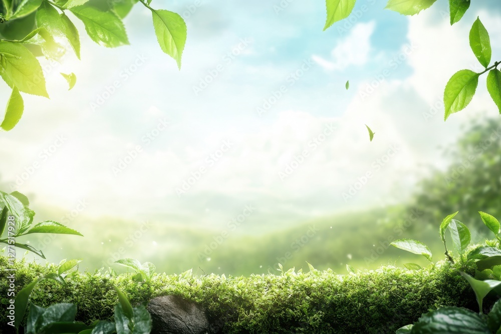 Fototapeta premium Lush greenery frames a serene landscape with soft sunlight, creating a peaceful natural scene