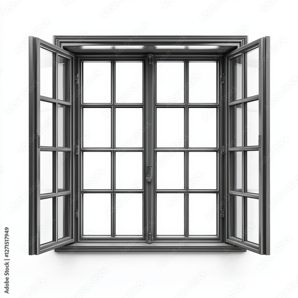Metallic window with open frames on a white background, bright and modern. Metallic window with open frames on a white background, bright and modern.