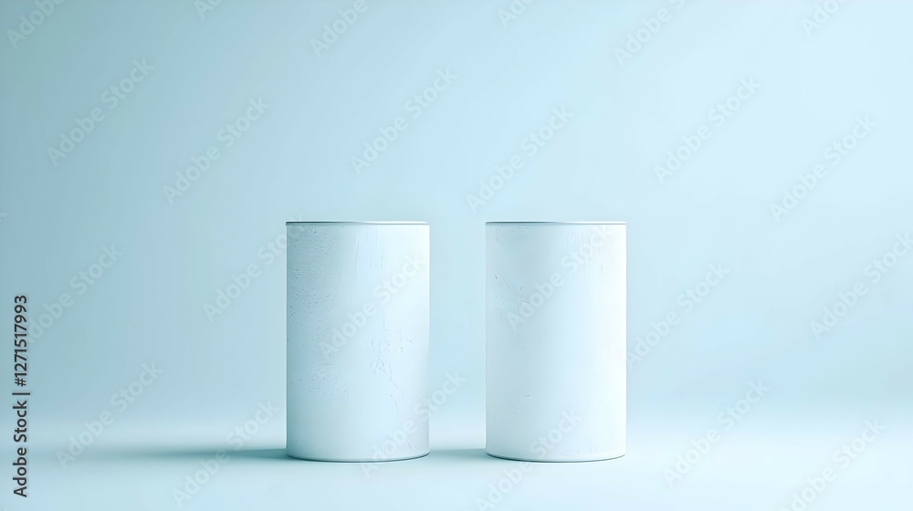 Two White Cylinders with Subtle Pattern on Light Blue Background Two White Cylinders with Subtle Pattern on Light Blue Background