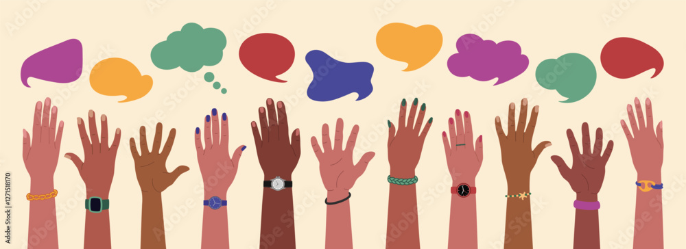Fototapeta premium Many diverse multiracial hands raised up and speech bubbles. Cooperation, communication, opinions exchange. Hand drawn vector vector illustration isolated on light background, flat cartoon style.