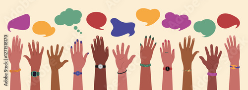 Many diverse multiracial hands raised up and speech bubbles. Cooperation, communication, opinions exchange. Hand drawn vector vector illustration isolated on light background, flat cartoon style.