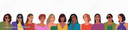 Group of beautiful young women of different nationalities together. Hand drawn vector illustration isolated on white background. Modern flat cartoon style.