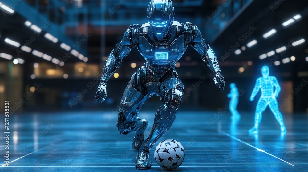 A futuristic robot playing soccer in a high-tech environment, showcasing advanced technology and athleticism. A futuristic robot playing soccer in a high-tech environment, showcasing advanced technology and athleticism.