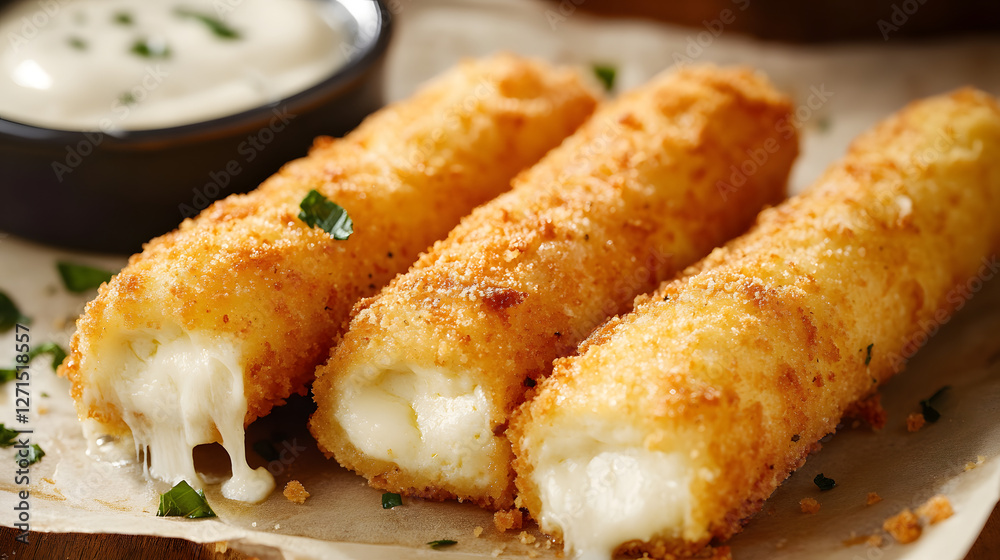Cheese-filled mozzarella sticks with crispy breadcrumbs, parmesan, and a creamy garlic dipping sauce. Cheese-filled mozzarella sticks with crispy breadcrumbs, parmesan, and a creamy garlic dipping sauce.