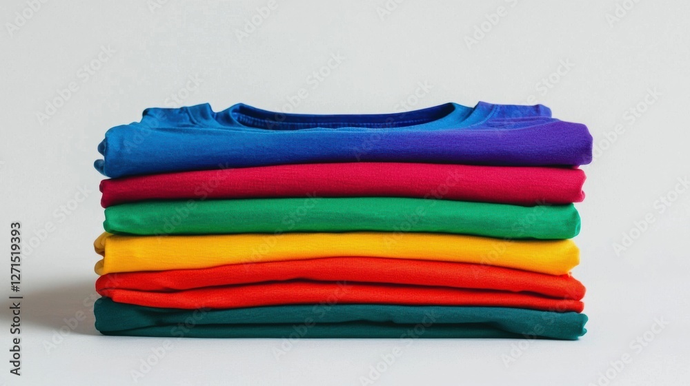 Stack colorful t-shirts on a white background, showcasing vibrant hues.