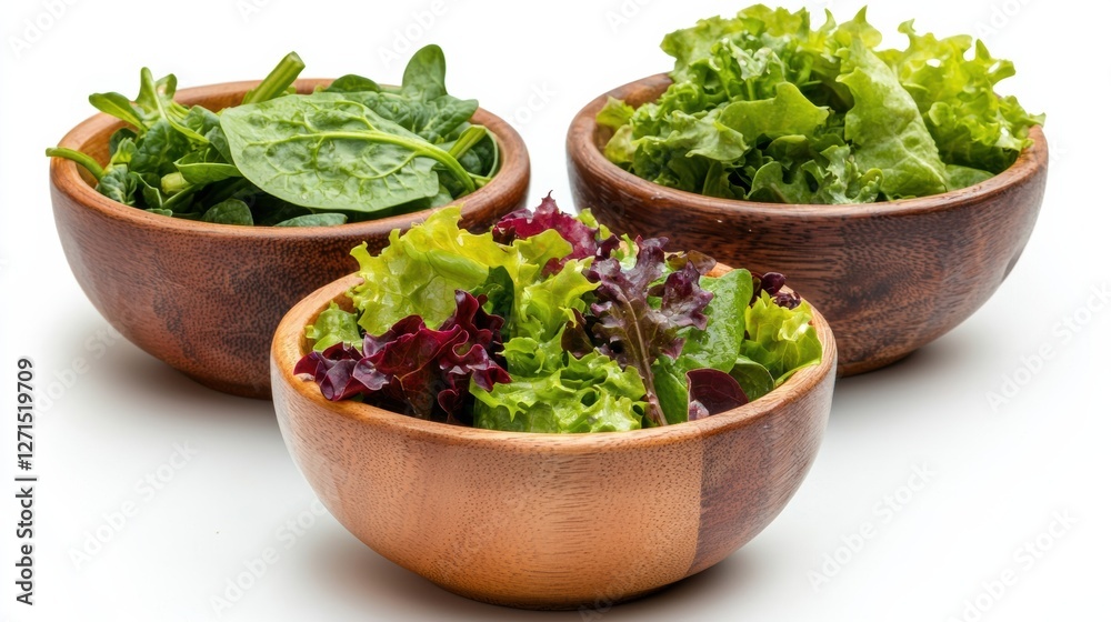Three bowls vibrant vegan salad lettuce on a white background. Three bowls vibrant vegan salad lettuce on a white background.