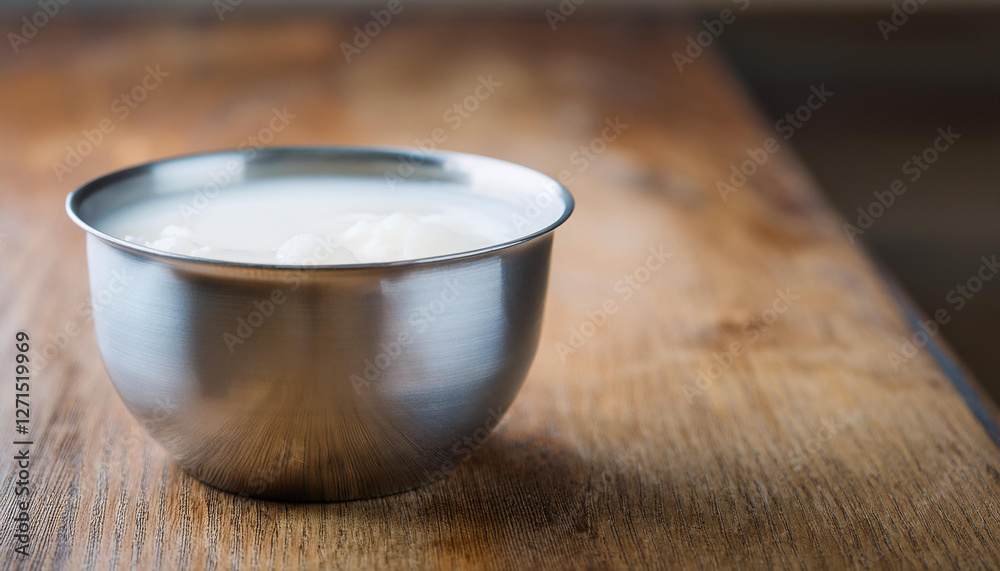 Korean traditional makgeolli in metal cup on wooden table. Korean rice wine bowl. Tasty drink.