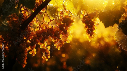 Golden Grapes Glimmering in Sunlight with Soft Focus Background