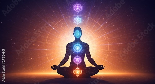 Meditating Silhouette with Chakras Aligned for Spiritual Wellness and Healing