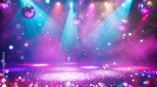Stage lights, disco balls, glitter, performance, event, night, party, use for advertising