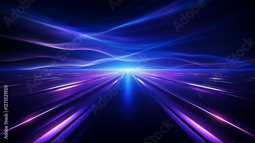 Glowing road into virtual reality or cyberspace, abstract minimal dark background. Future cyber metro railway on black. Abstract high technology lines connect, future High-tech Space.