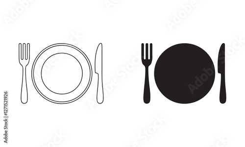 Cutlery vector icon . empty plate . fork, knife sign . black outline and filled version