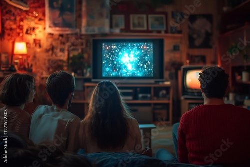 Friends watching a movie on television in living room at night