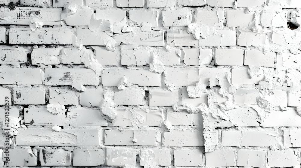 Fototapeta premium White brick wall with peeling paint, showcasing texture and urban decay in a minimalist setting