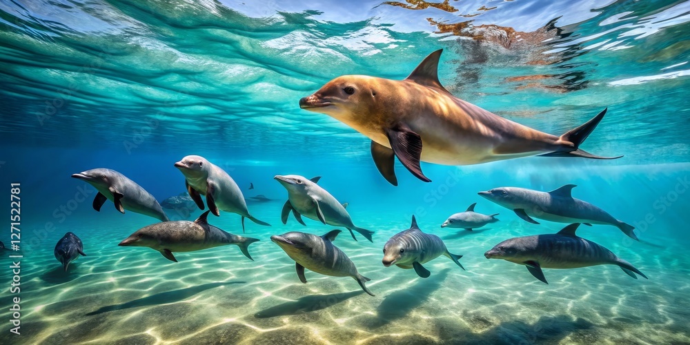 Obraz premium A pod of dolphins gracefully swims in a vibrant, sunlit ocean, their sleek bodies glistening beneath the surface