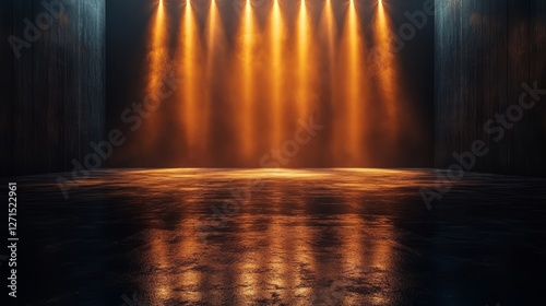 Empty stage with golden hues, polished wooden flooring, ambient spotlights shining in the center, modern stage design