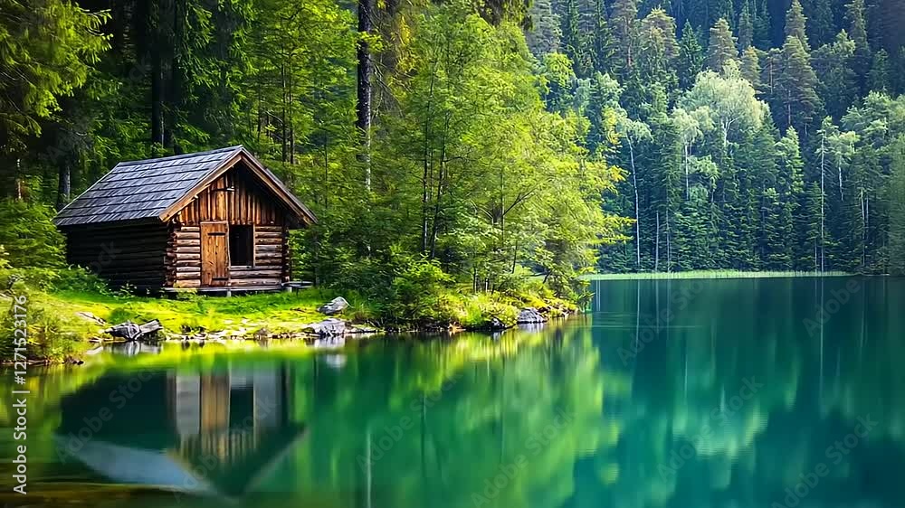 Tranquil wooden cabin by a serene lake surrounded by lush green forest under clear blue skies Tranquil wooden cabin by a serene lake surrounded by lush green forest under clear blue skies