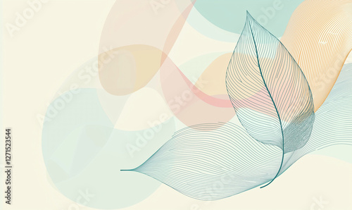 Abstract design featuring delicate leaves and soft pastel shapes on a light background, conveying tranquility and nature.
