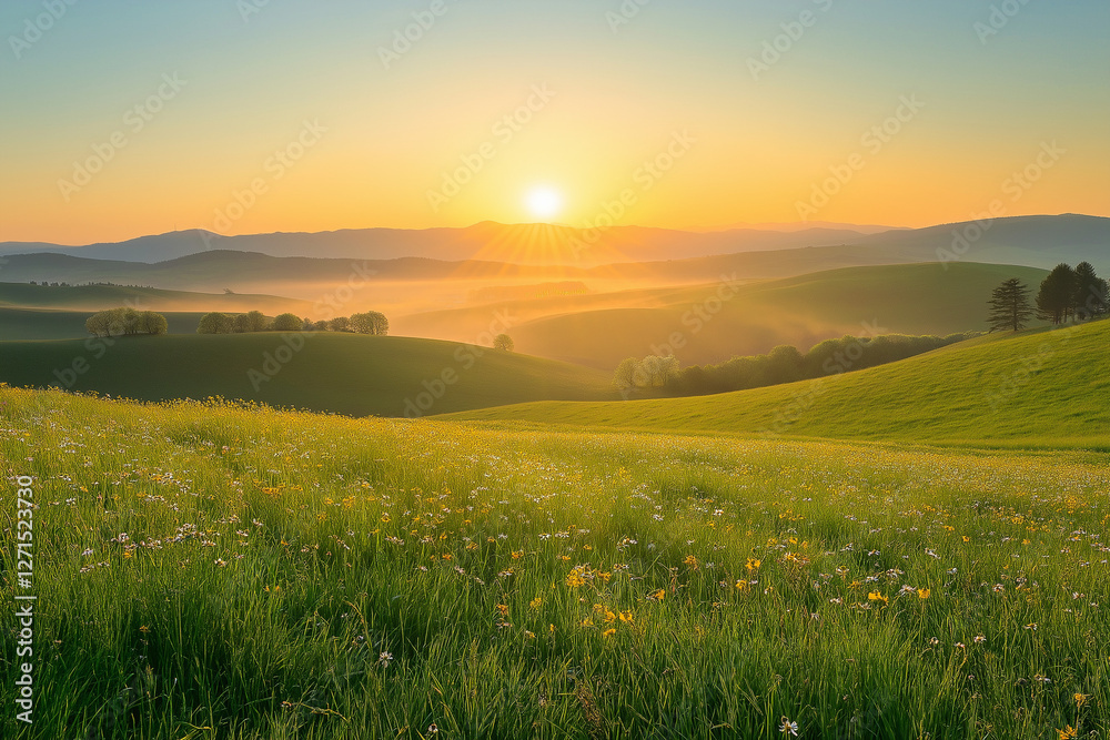 Fototapeta premium Sun rising over green fields and wildflowers
