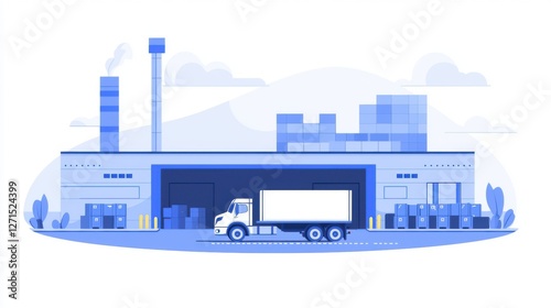 Inventory management. Warehouse scene with a truck loading in a blue-toned illustration.