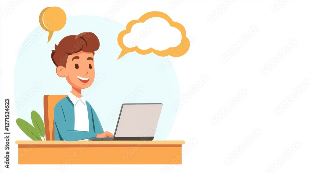 Inventory management. Smiling man working on a laptop with thought bubbles above him. Inventory management. Smiling man working on a laptop with thought bubbles above him.