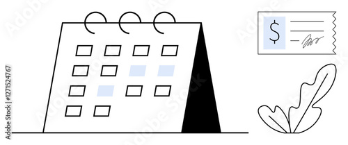 Desk calendar, folded tent-style, with arranged squares a paper bill with a dollar sign and an abstract leaf. Ideal for scheduling, planning, finance management, budgeting, time utilization