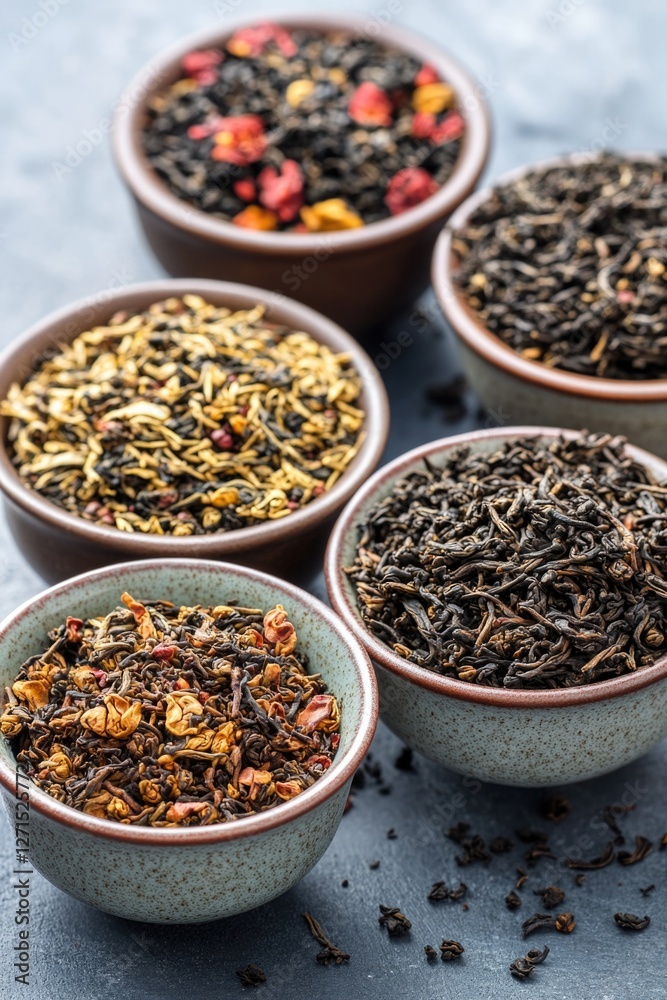 Set of four dishes with different kinds of tea leaves, showcasing variety and taste. Set of four dishes with different kinds of tea leaves, showcasing variety and taste.