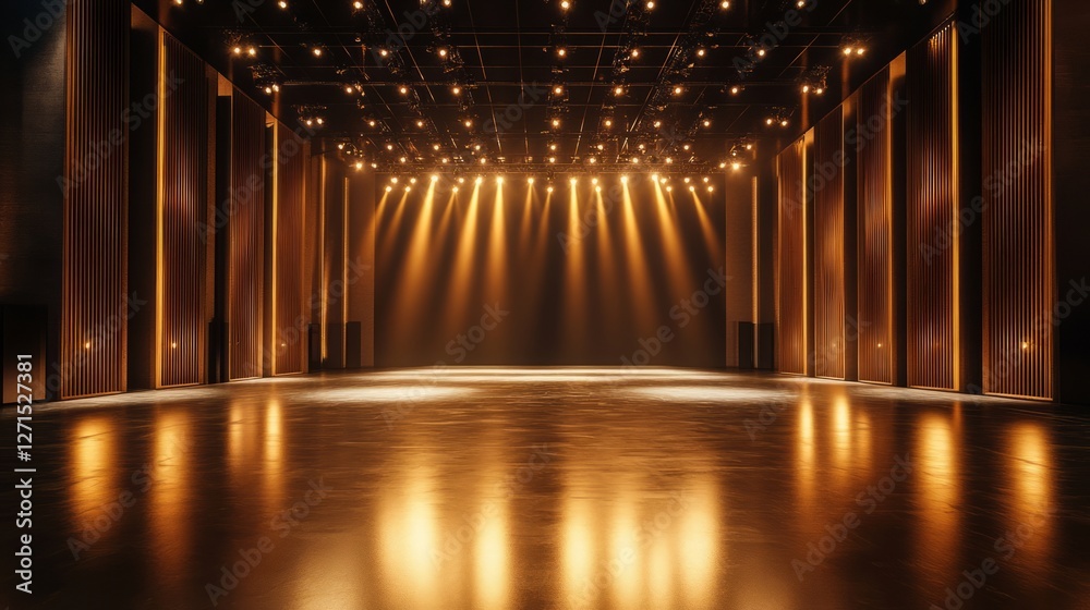 Fototapeta premium Spacious, empty concert stage with golden highlights on sleek black surfaces, modern aesthetic, no instruments or performers