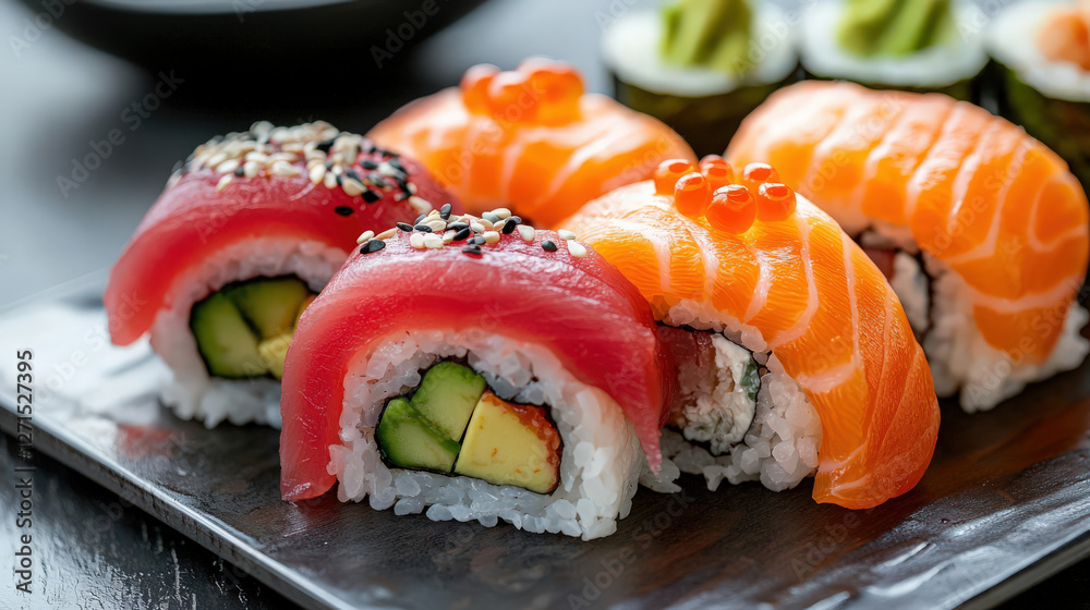 Fresh sushi with salmon, tuna, and avocado Fresh sushi with salmon, tuna, and avocado