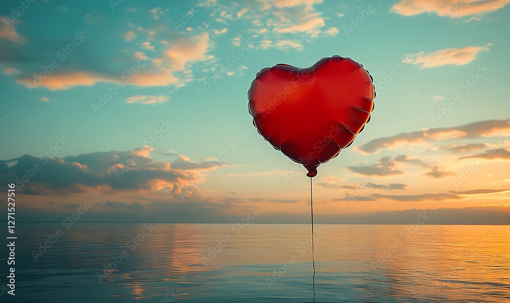Fototapeta premium Heart-Shaped Balloon Floating Over Ocean at Colorful Sunset with Soft Clouds