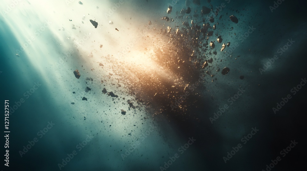 Fototapeta premium Cosmic Debris Explodes Dramatically Illuminated by Bright Golden Light. AI Generated