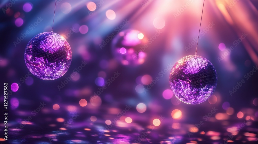 Fototapeta premium Disco balls in vibrant lights, nightlife ambiance, party scene